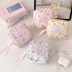 Korean Style Plaid Tulip Cosmetic Bag Bow Ribbon Quilted Square Storage Pouch Makeup Organizer Travel Bag
