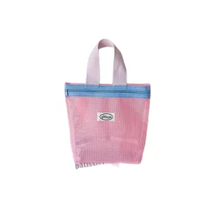 Borsa shopper in rete color macaron, trousse cosmetica portatile con zip per uso quotidiano.