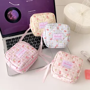 Korean plaid tulip cosmetic bag with bow ribbon, quilted square storage pouch for makeup use