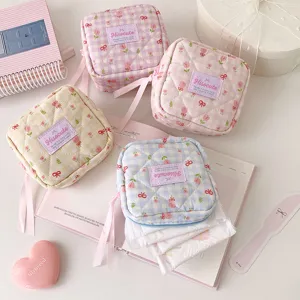 Korean plaid tulip quilted cosmetic pouch with cute bow ribbon zipper for daily use.
