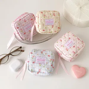 Korean quilted cosmetic bag floral grid makeup pouch with bow ribbon storage bag cute