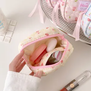 Korean plaid tulip cosmetic bag with bow ribbon quilted earphone pouch small square organizer