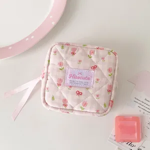 Korean style quilted tulip cosmetic bag with bow ribbon, portable square storage pouch.
