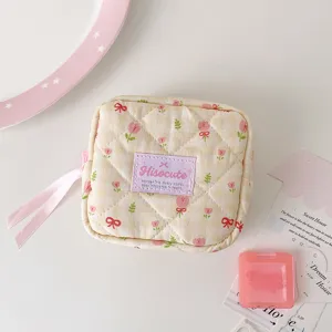 Korean style quilted plaid tulip makeup pouch with cute bow ribbon detail for cosmetics.