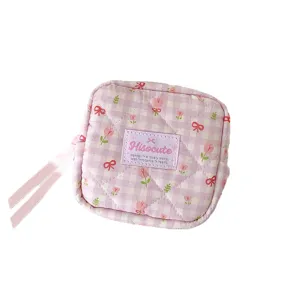 Korean style pink plaid quilted tulip cosmetic pouch cute bow ribbon storage bag for earphone