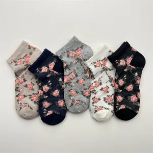 Women Cotton Blend Mesh Floral Ankle Socks Breathable Hollow Out Short Socks Japanese Style Casual Daily Footwear