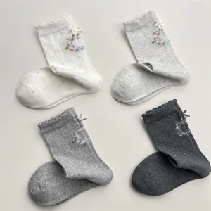 Korean style sweet cute bow cotton mid-tube socks for women autumn winter simple floral socks