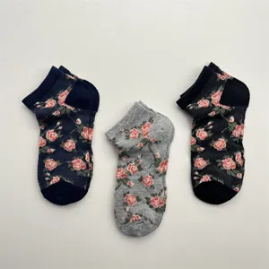 Women breathable cotton short socks with charming rose floral print, mesh design for summer.