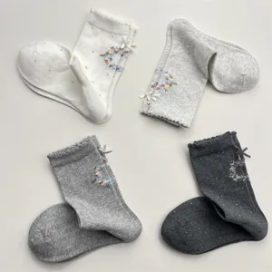 Women cute bow floral cotton mid tube socks autumn winter cozy casual daily hosiery set