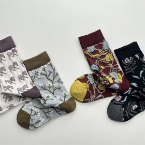Chaussettes mi-hautes en coton pour jolies femmes a motifs animaux et botaniques
