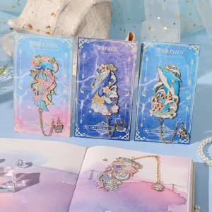 Ocean theme metal hollow bookmark set with jellyfish whale dolphin design and cute chain pendant.