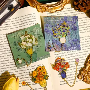 Van Gogh oil painting metal bookmark with chain and vintage flower design for reading.