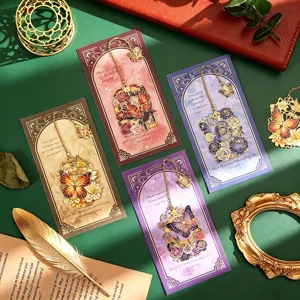 Vintage olieverf holle metalen vlinder boekenlegger set met prachtige achtergrondkaarten.