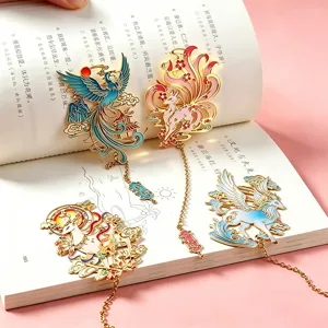 Shanhaijing metal bookmarks set, exquisite Chinese style mythology design with hanging chains.