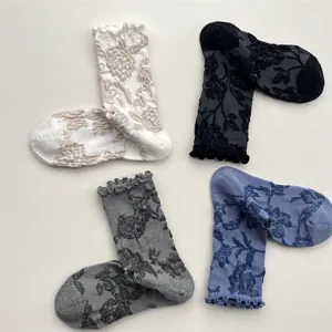 Japanese vintage ruffle trim embossed floral women crew socks comfortable cotton daily wear