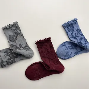 Retro frilled floral mid-calf socks for women, vintage botanical jacquard cotton.