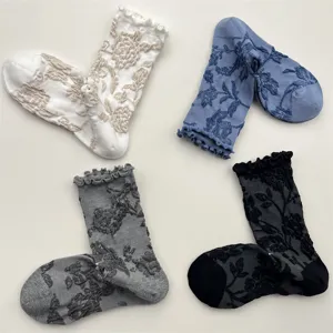Detailed view of vintage ruffle top floral embossed mid-tube cotton socks in four classic colors.