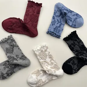 Japanese retro lettuce trim embossed floral mid-calf socks detail, elegant botanical pattern