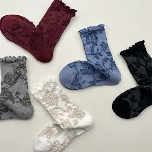 Vintage ruffled embossed floral mid-calf socks detailed view, elegant cotton botanical design.