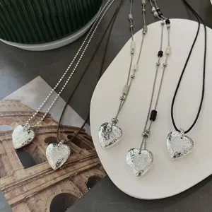 Ins Style Hammered Solid Heart Alloy Pendant Necklace For Women Beaded Chain Leather Cord Sweater Long Necklace Fashion Gift Jewelry