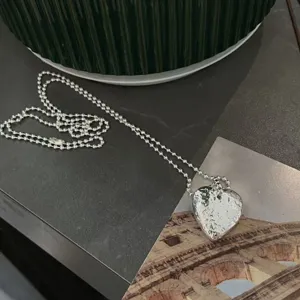 Hammered solid heart bead chain necklace, trendy ins style cool long sweater chain for women