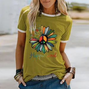 Donna vintage retro hippie soul girasole segno di pace t-shirt manica corta casual top