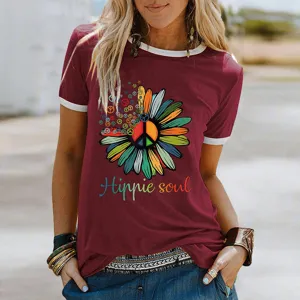 Maglietta a maniche corte ringer bordeaux con stampa grafica di girasole hippie soul.