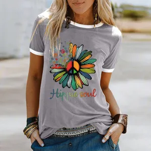 Donna maglietta girocollo grigia con stampa hippie soul girasole manica corta top casual