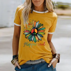 Maglietta gialla maniche corte da donna con stampa girasole stile hippie soul casual.