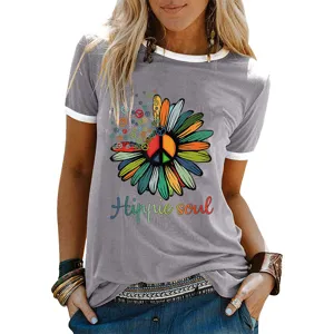 Maglietta da donna vintage hippie soul con stampa grafica e colletto a contrasto maniche corte.