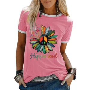 Maglietta rosa a maniche corte con dettagli ringer e stampa margherita pace hippie soul.