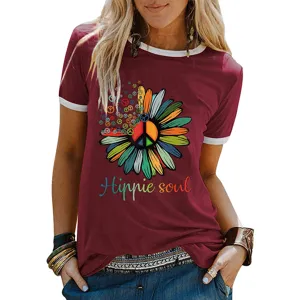 T-shirt ringer da donna bordeaux manica corta grafica hippie soul top estivo