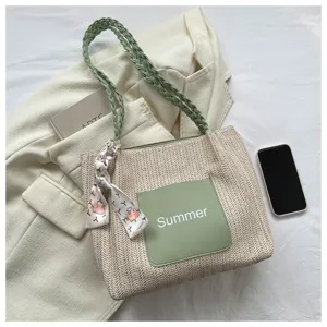 Large capacity straw woven tote bag for women spring fashion casual shoulder bag with green pocket