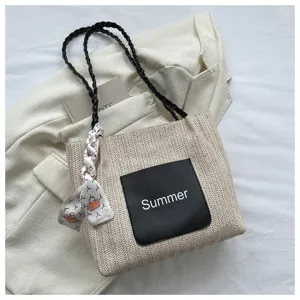 Stylish straw woven tote bag, large capacity shoulder bag for daily use and casual style.