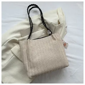 Large capacity woven straw shoulder tote bag for women stylish casual handbag detail