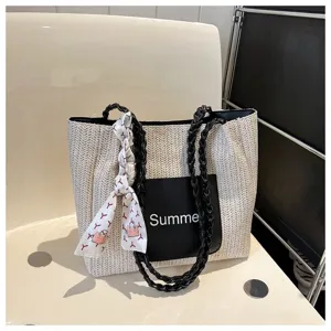 Large capacity straw woven tote bag for women, stylish casual shoulder bag with ribbon.