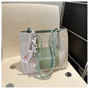 Large capacity woven straw tote bag for women, stylish shoulder bag with braided straps.