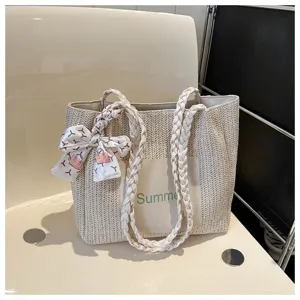 Fashion woven straw tote bag for women, large capacity casual shoulder bag with scarf detail.