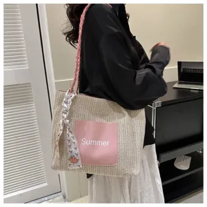 Fashion woven straw tote bag for women, large capacity casual single shoulder handbag.