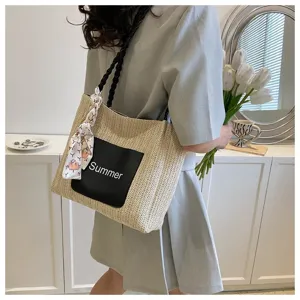 Stylish straw woven tote bag for women, large capacity shoulder bag with chic handle ribbon.