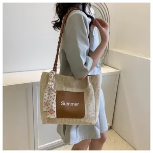 Woven straw tote bag for women stylish casual shoulder bag summer handbag detail view
