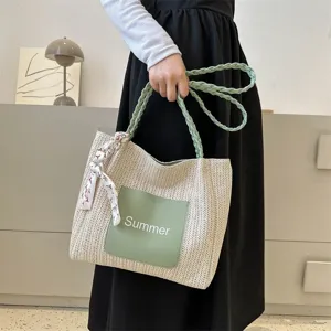 Fashion Straw Woven Tote Bag Large Capacity Casual Shoulder Handbag Patchwork PU Leather Pocket Beach Bag with Scarf Decor