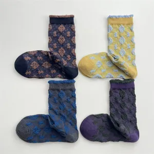 Women's Autumn Winter Cotton Relief Floral Mid Tube Socks Japanese Vintage Cute Ruffle Colorblocking Crew Socks