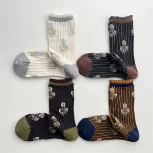Women's Vintage Striped Floral Cotton Blend Crew Socks Sweet Ruffle Colorblock Mid-Calf Socks