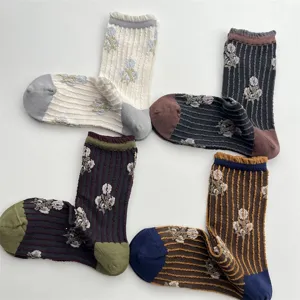 Japanese vintage floral mid-tube socks women cute ruffle ribbed cotton long socks set