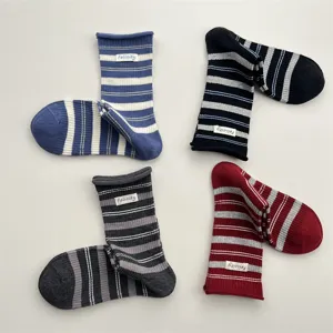 Korean style retro striped mid-calf socks for women, cute rolled cuff cotton casual socks.