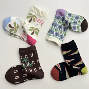 Korean style colorful patterned cotton mid-calf socks for women autumn winter daily wear