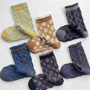 Autumn winter cotton embossed floral mid-calf socks, vintage cute ruffled design, colorful.