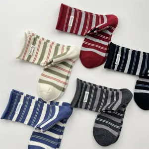 Korean style rolled edge striped mid-tube socks, retro cloth label breathable cotton socks.