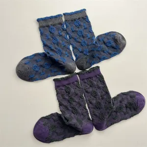 Women cotton mid-tube socks retro floral textured cute ruffled design comfortable everyday wear